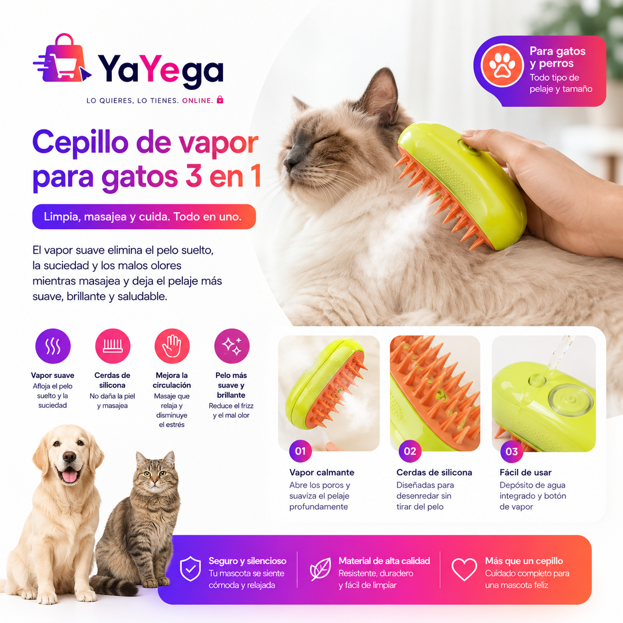PeloZero | Cepillo de Vapor 3 en 1 para Mascotas